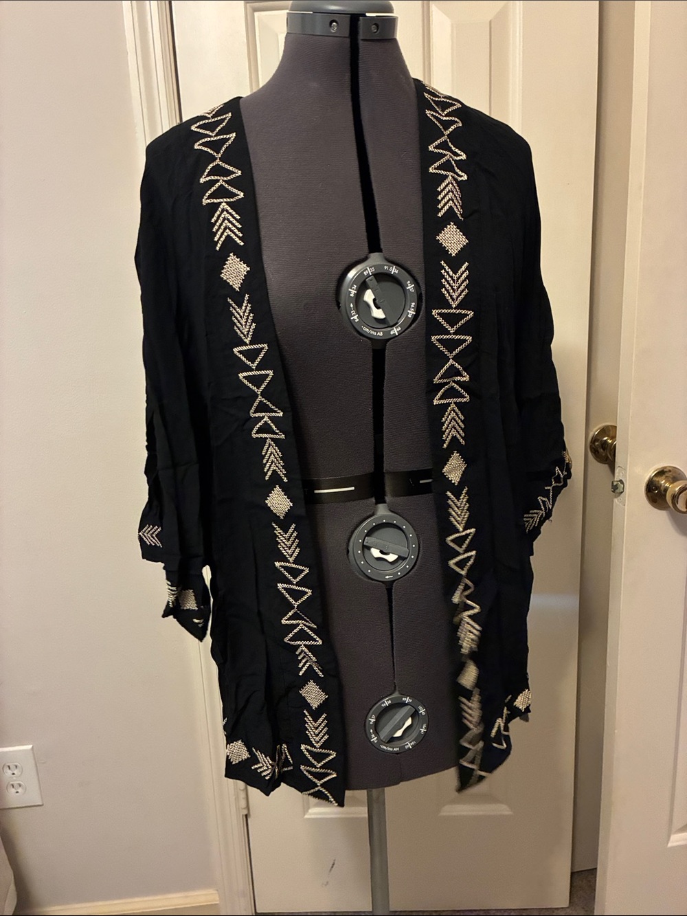 Bear Dance Black Open-Front Kimono Jacket with Cream Embroidery